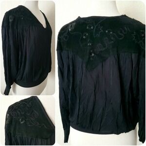 Vintage Marc D'Alcy Black‎ Beaded Suede Embroidered Long Sleeve Blouse Western S